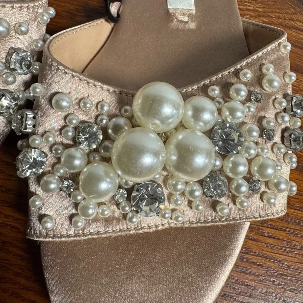 Zara Trafaluc Pearl Rhinestone Satin Slide Sandals Champagne NWT Size 35 - Picture 5 of 7